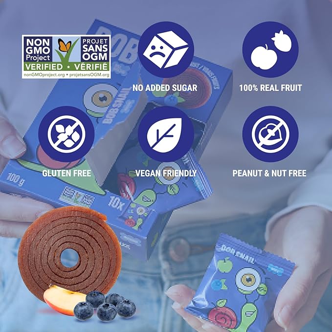 Bob Snail Fruit Roll Ups – Healthy Sweets Snacks, Real Dried Fruits, No Added Sugar, Vegan, Nut Free, Candy for Adults, Kids, with Apple-Blueberry – Bulk 50 pcs Rolls, 500g