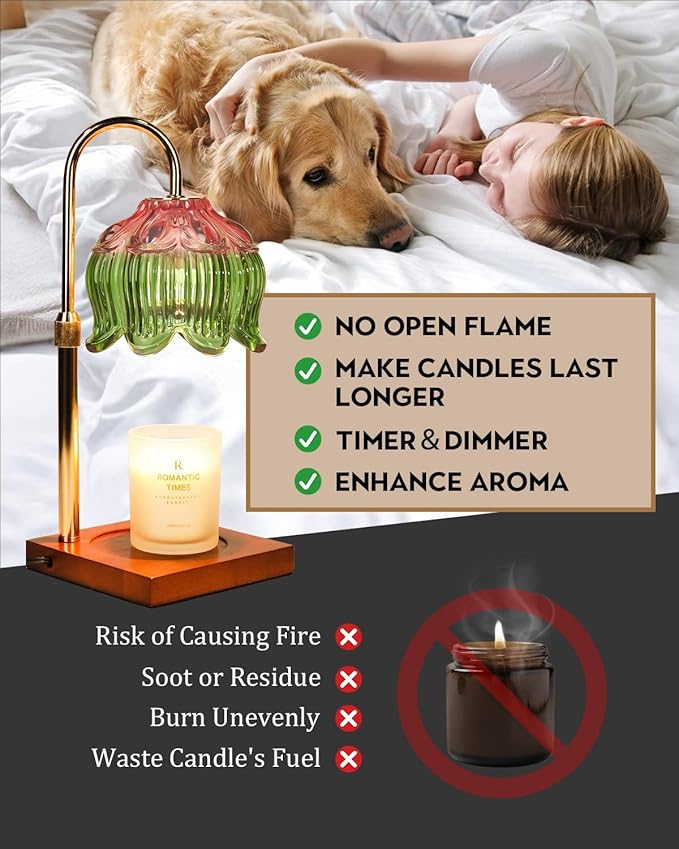 Candle Warmer Lamp with Timer Dimmable, Height Adjustable Birthday Gifts for Women Mom House Warming, Home Decor, Lotus Flower Candle Lamp Warmer 2 Bulbs Inc (Pink Green)