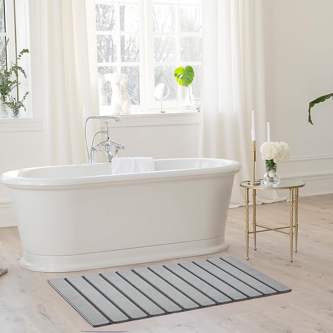 AWW Foldable Stone Bath Mat, Super Absorbent Diatomaceous Earth Mats, Non-Slip 31.5 x 15.7 Inch Quick Drying Mat, Compact and Easy to Store Bath Mats for Bathroom, Easy to Clean, Grey