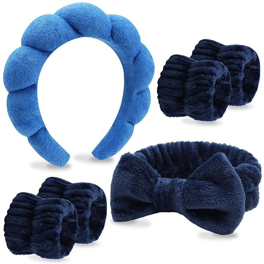 VELSCRUN 6 Pack Spa Headband, Makeup Headband, Face Wash Headbands, Skincare Headbands, Navy Blue Sponge Hair Band Bow Tie Spa Head Band for Washing Face Wristband Set Women Girls Hair Accessories