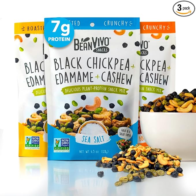 BeanVIVO Healthy Snacks for Adults & Kids with 7g Protein & 5g Fiber per Serving with Dried Edamame, Roasted Cashew and Chickpeas - Vegan & Gluten Free - Keto Friendly & Non-GMO - 3-Pack (4.5 oz Each Pouch)