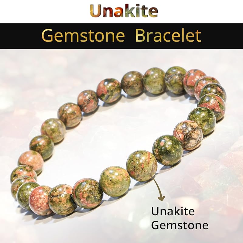 Genuine Unakite Bracelet, Natural Healing Crystal Bracelet for Women and Men, 8mm Round Beaded Bracelet for Relieve Stress, Depression, love, Elastic Adjustable Size Gemstone Bead Bracelet