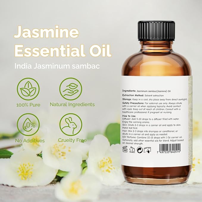 Jasmine Essential Oil 2 Oz, 100% Pure Jasmine Oil for Diffuser, Skin, Hair, Body & Face, Perfume, Floral Scent for Relaxation, Aromatherapy & Massage