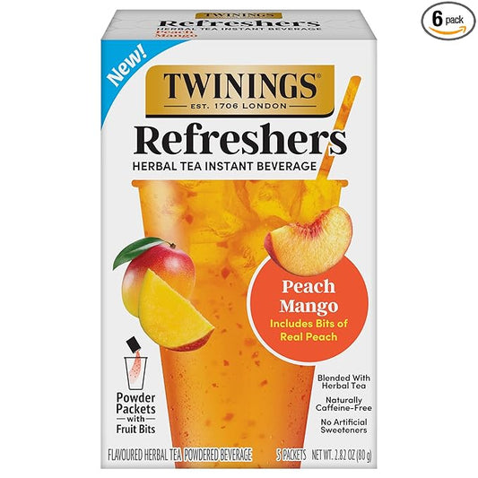 NEW Twinings Peach Mango Refreshers, Herbal Tea Instant Beverage with Real Peach Fruit Bits, 5 Count (Pack of 1), Café Style, No Artificial Sweeteners, Naturally Caffeine-Free Refreshment, 5 Packets