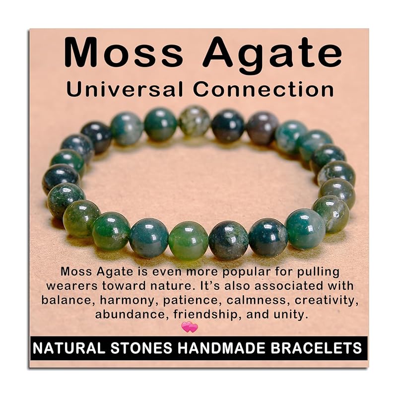 AD Beads Handmade Gemstone Stretch Elastic Bracelet Crystal Healing Reiki Nature's Beauty and Spiritual Essence Unisex (8mm, Moss Agate (Universal Connection))