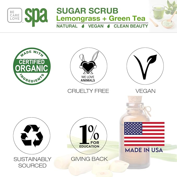 Be Care Love Spa Sugar Scrub Lemongrass + Green Tea to moisturize, detoxify and purify skin for acne-prone, oily, or damaged skin.16 oz