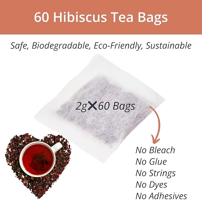 60 Hibiscus Flower Tea Bags, 2g/Bags, VitalForest Hibiscus Tea Roselle Tea, Natural Flor de Jamaica Flower, Caffeine Free, Non-GMO, Unbleached Bags, Canister Packaged