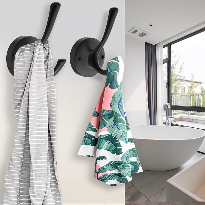 Black Towel Hooks for Wall, 5 Pack Coat Robe Hook Heavy Duty Metal Double Bath Hook Wall Mounted, Hat Hooks for Cubicle Bathroom Kitchen Closet Garage