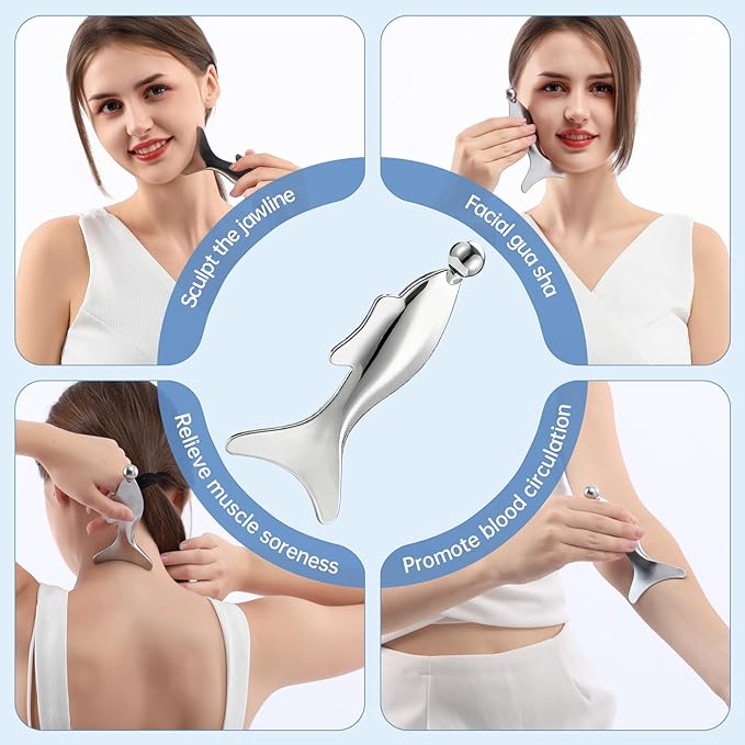 4-in-1 Gua Sha Facial Tools,Fish Guasha Massage Tool for Face&Body, Facial Roller Massage Tool for Lymphatic Drainage &Jawline Sculpting & Puffiness Reducing,Gua Sha Muscle Scraper Tool,Skin-Care Tool
