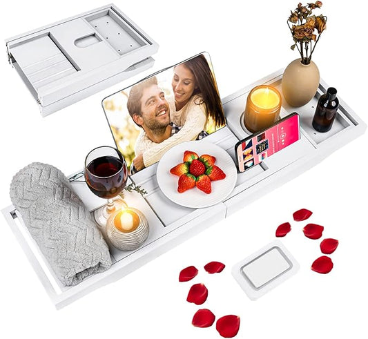 Foldable Bathtub Caddy Tray, Bamboo Bath Tub Tray Table for Tub with Wine Glass Holder Book Phone Tablet Holder with Extending Sides, Adjustable Bathroom Bathtub Free Soap Holder Gift Idea (White)