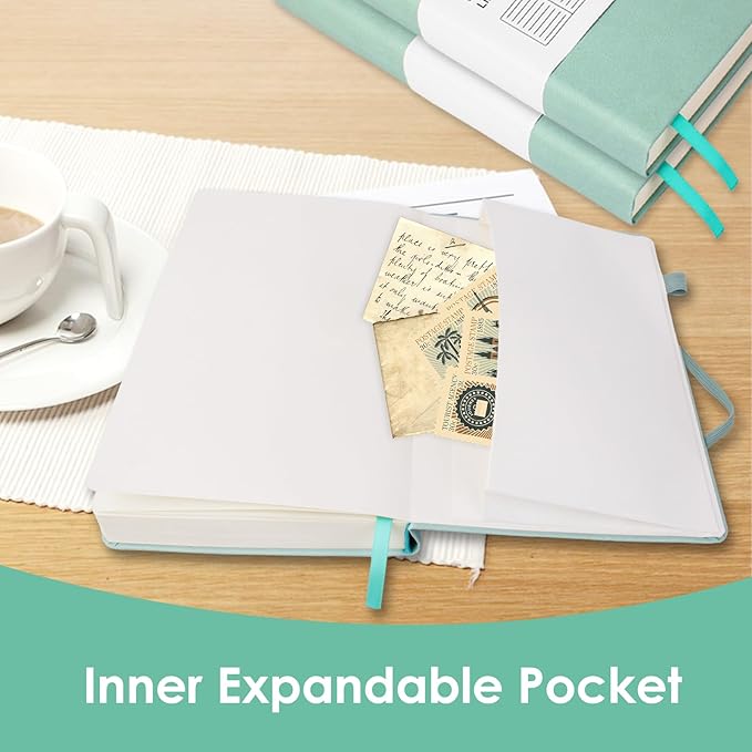 Journals for Writing, A5 Leather Ruled Notebook with 400 Pages, 100 Gms College Ruled Journal with Thick Paper, Hardcover with Inner Pocket & Pen Holder, Bluish Green