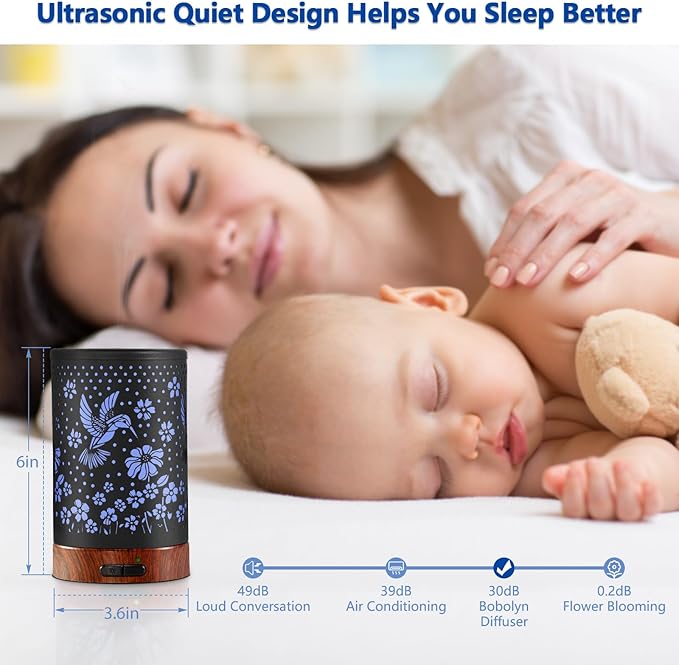 Essential Oil Diffuser Aromatherapy Diffuser - Metal Aroma Diffuser for Home 150ml Ultrasonic Cool Mist Diffuser with 7 Colors Light Waterless Auto-off Protection for Home Office SPA Yoga Decor & Gift