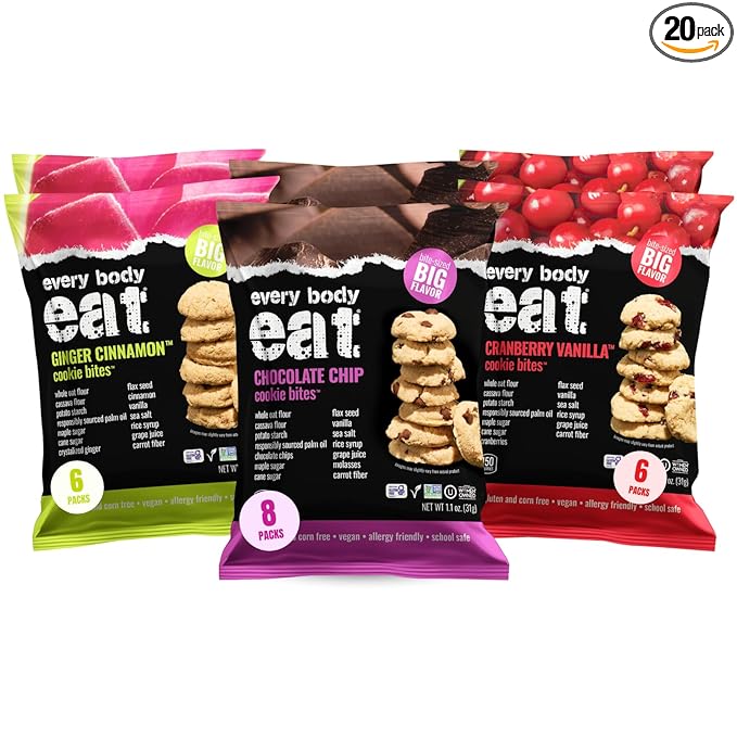 Every Body Eat Crunchy Cookie Bites, Gluten & Dairy Free, Vegan, School Safe Lunch Snacks, Single Serve (Pack of 20) (Variety Pack)