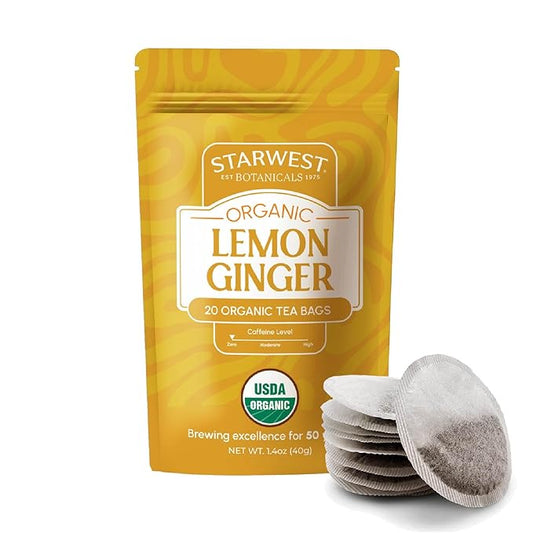 Starwest Botanicals Organic Lemon Ginger Tea - Caffeine Free Herbal Blend for Women & Men, Lemongrass, Ginger Root, & Peppermint Leaf, String Free Sachets, Non GMO - 20 Tea Bags