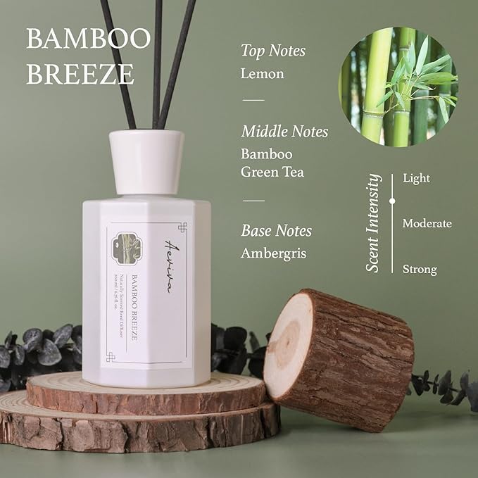 Reed Diffuser Set, 6.76 fl oz Bamboo Breeze Scented Oil Diffuser, Home Fragrance with Reed Sticks for Bedroom, Office, Bathroom Shelf Decor & Gifts