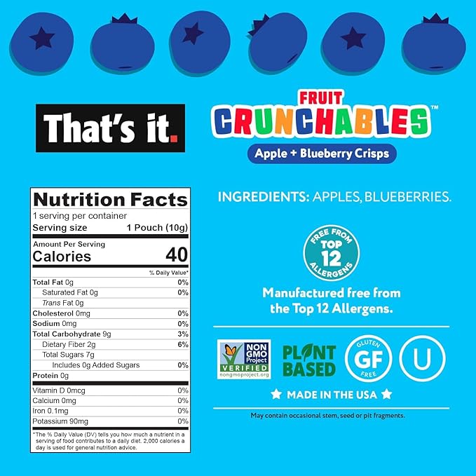 That's it. Fruit Crunchables – 100% Apple + Blueberry Crisps, 15 Pack healthy snacks for kids Plant-Based, Non-GMO, Gluten-Free, No Sugar Added, Healthy Fruit Snacks for Kids & Adults