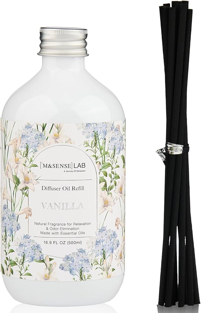 M&SENSE Reed Diffuser Oil Refill, 16.9oz (500ml) with 10 Hollow Reed Sticks, Vanilla Scent Home Fragrance, Scented Oil Refills, Natural Essential Oils for Diffusers, Décor for Home Spa & Office