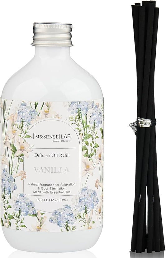 M&SENSE Reed Diffuser Oil Refill, 16.9oz (500ml) with 10 Hollow Reed Sticks, Vanilla Scent Home Fragrance, Scented Oil Refills, Natural Essential Oils for Diffusers, Décor for Home Spa & Office