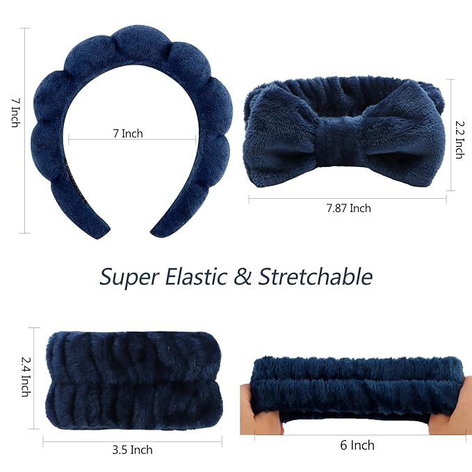 VELSCRUN Spa Headband, Makeup Face Wash Skincare Headbands, 6 Pcs Dark Blue Sponge Bow Tie Get Ready HairBand Facial Wristband Set, Stuff for Teen Girls Women Trendy Fashion Hair Accessories