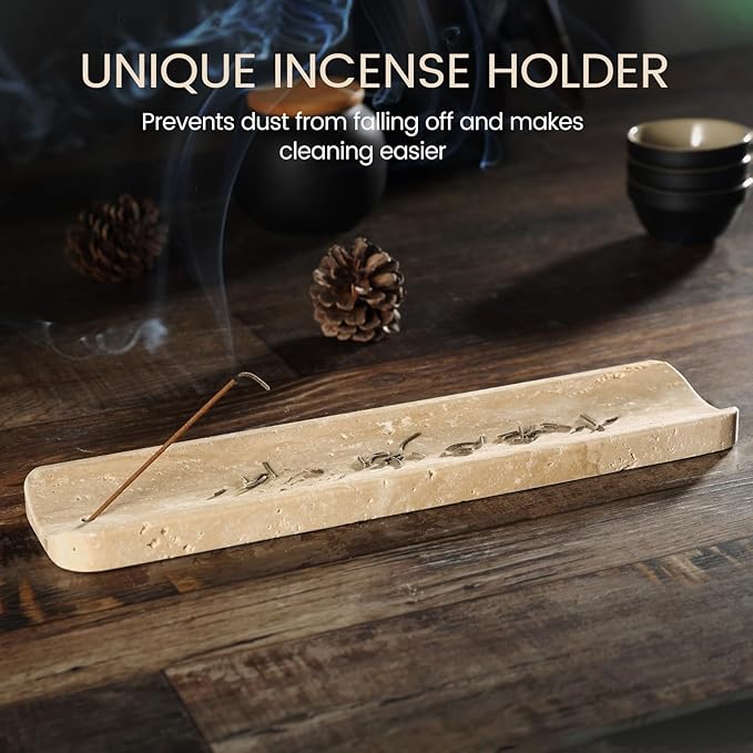 Koville Travertine Incense Holder, Incense Holder for Sticks, Long Incense Sticks Holder Ash Catcher for Meditation Yoga SPA, Natural Stone Incense Burner, Home Table Decor(Beige)