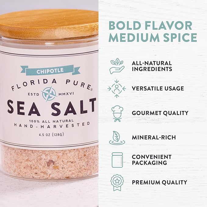 FLORIDA PURE Chipotle Pepper Sea Salt - Smoky, 80+ Mineral Salt, Natural, Unrefined, Non Iodized - for Baking, Cooking, Seasoning & Enhancing Taste - Flaky Sea Salt (4.5 oz Jar)