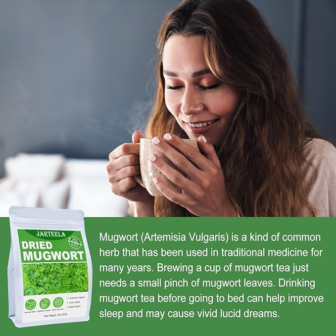 Jarteela - Premium Dried Mugwort Herbs - 2oz/57g - Natural Herbs Loose Leaf For Mugwort Tea - Non-GMO - Caffeine-free