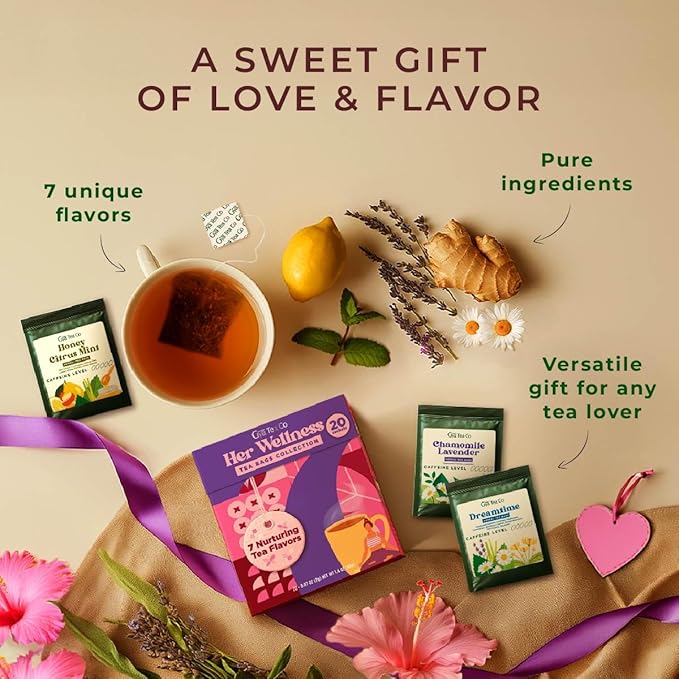 Gya Tea Co Her Wellness Assorted Tea Bags Variety Pack - 20 Bags 7 Seasonal Flavors - Caffeinated & Caffeine Free Holiday Tea Sampler Gift Set Box - Easy Brew, Natural Ingredients, Enjoy Hot or Iced