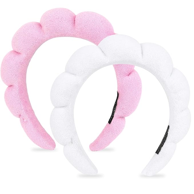AMCAMI Puffy Spa Headband for Women 2 PCS Sponge Headbands for Girls Terry Towel Cloth Fabric Head Band for Skincare,Makeup Removal,Face Washing,Facial Mask,Shower,Hair Accessories（White&Light Pink）