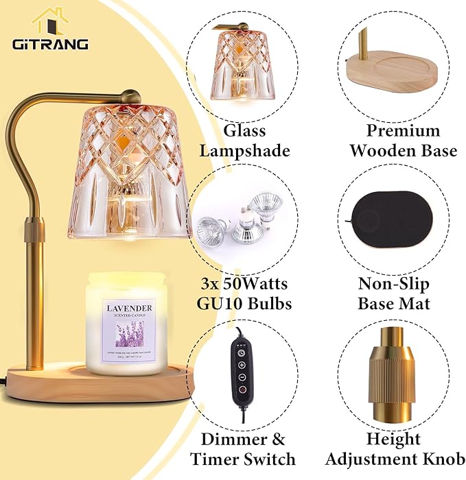 Candle Warming Lamp with Timer Dimmer, Adjustable Height Electric Wax Melt Warmer for Jar Candles with 3 Bulbs, Mother's Day Women's Home Decor Gift, Oval Base with Copper Color Pole
