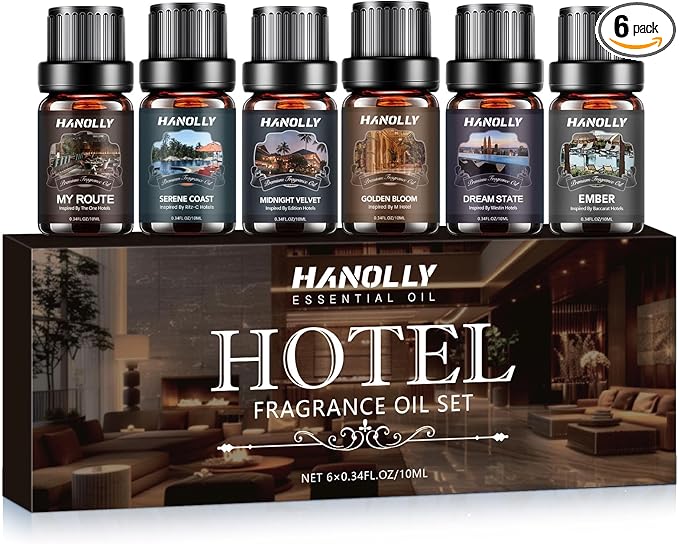 Hotel Diffuser Oils Gift Set - 6x10ML Luxury Hotel Scent Essential Oils Set for Diffuser, Candle Making - Fragrance Oil, My Route, Ember, Dream State, Serene Coast, Midnight Velvet, Golden Bloom