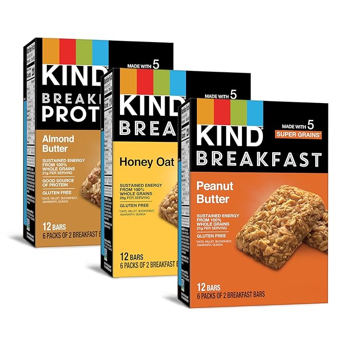 KIND Breakfast Bars, Variety Pack, Honey Oat, Almond Butter, and Peanut Butter, Healthy Snacks, Gluten Free, 3-8g Protein, 18 Count