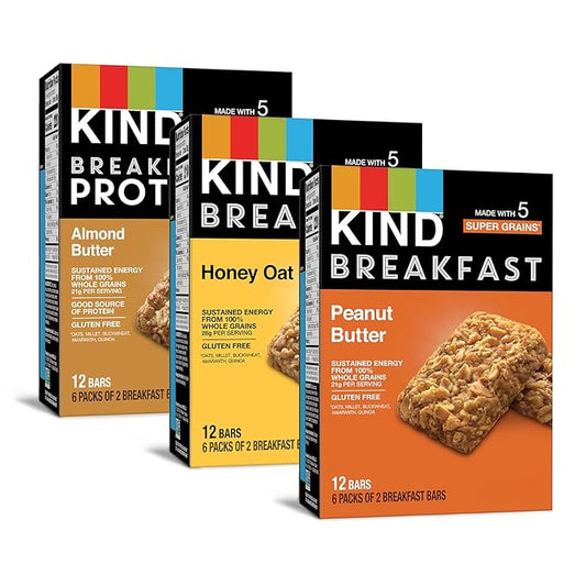 KIND Breakfast Bars, Variety Pack, Honey Oat, Almond Butter, and Peanut Butter, Healthy Snacks, Gluten Free, 3-8g Protein, 18 Count