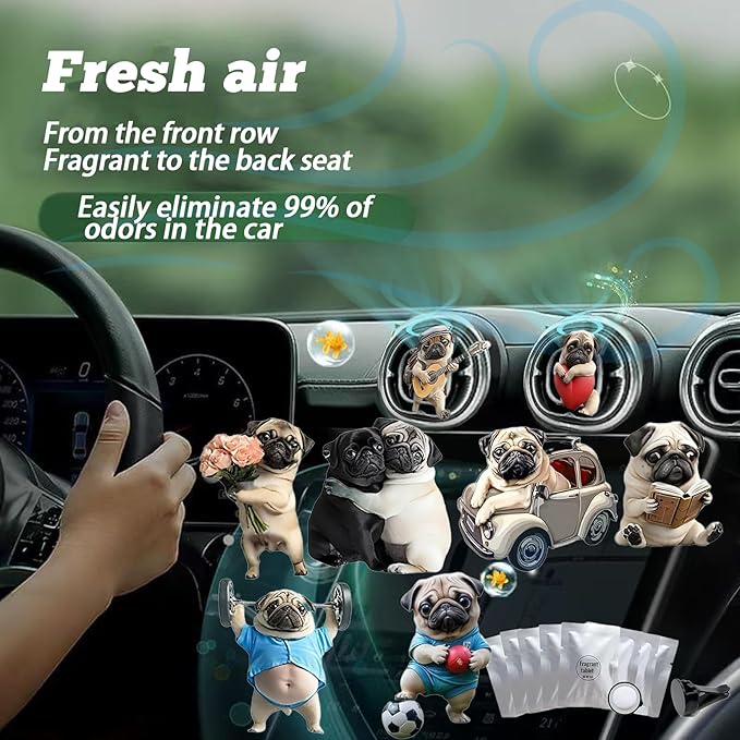8PCS cute Pug acrylic car vent diffuser, 2D prank Havana cigar car diffuser, cute car freshener, fun and fashionable interior accessories, air outlet clip decoration