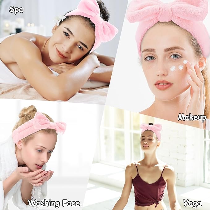 10 Pcs Pink Makeup Headbands, Hair Band for Washing Face, Soft Coral Fleece Makeup Headband for Girls, Bow Hair Bands, Beauty Headbands for Face Washing Shower Skin Care Yoga