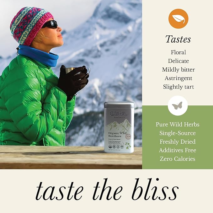 Wild Bliss Organic Wild Hawthorn Leaf and Flower Herbal Tea - Caffeine Free Heart Health Herbal Support - 20 Plant Based Tea Bags