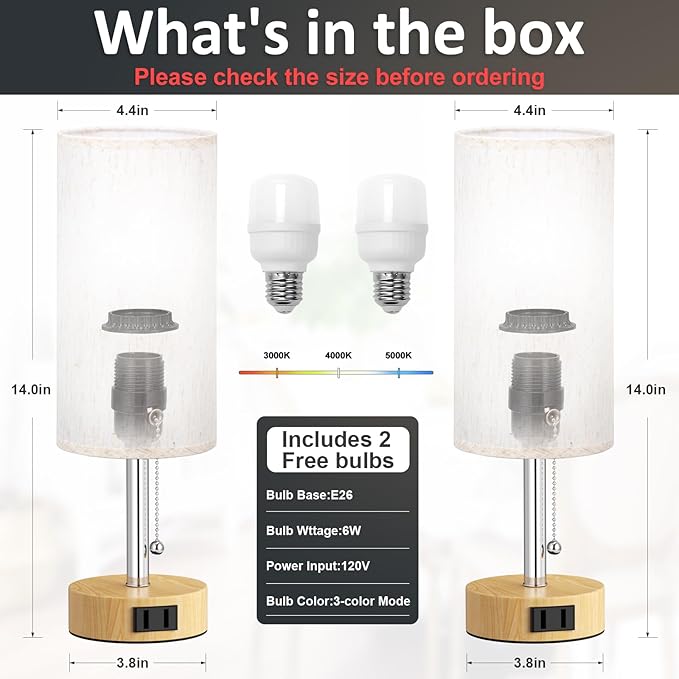 Fenmzee Wood Grain Bedside Table Lamps Set of 2-3 Color Temperatures Pull Chain Lamp with AC Outlet Charging Port, Round Night Stand Lamps for Bedroom Office, Small Bed Light with E26 LED Bulbs