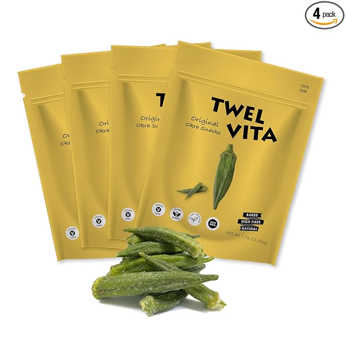TwelVita Wholesome Baked Okra Crisps, Vegan Snacks, Clean Label, Non-GMO, Gluten-Free, 1.76 oz ea, Pack of 4
