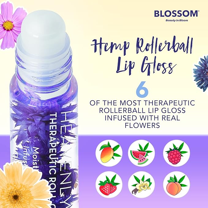 Blossom Roll on Lip Gloss, Scented Clear High Shine Moisturizing Lip Oil, Non Sticky, Infused with Real Flowers, Made in USA, 0.2oz, Raspberry Hemp