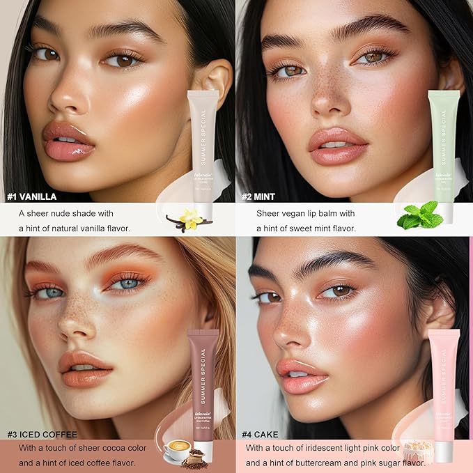 Glossy Butter Lip Balm Set, Instant Moisture and Hydration, Long-lasting Hydrating Non-Sticky Lip Gloss, Care and Soften Dry Lips , 4 Pcs