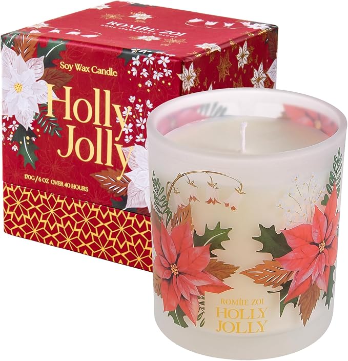 ROMIIE ZOI Christmas Scented Candle - 6oz Soy Wax Candle, Holly Jolly Decorations for Women, Infused with Citrus & Pine Aroma - Exquisite Red & Gold Gift Box Packaged for Christmas Holiday Season Gift