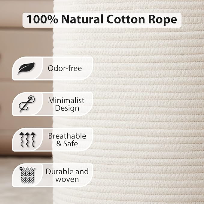 Fiona's magic 72L Large Woven Laundry Hamper, Tall Cotton Rope Storage Basket, Jute Baby Nursery Hamper for Blankets, Toys and Clothes in Bedroom and Living Room Organizing, White