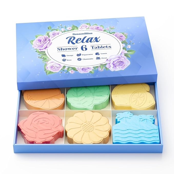 Shower Steamers 6 Pack Shower Bombs with Unique Shapes & Scents, Orange Peppermint Lemon Rose Chamomile Sea, Self Care Shower Steamer, Stocking Stuffers Christmas Gifts for Women, Men