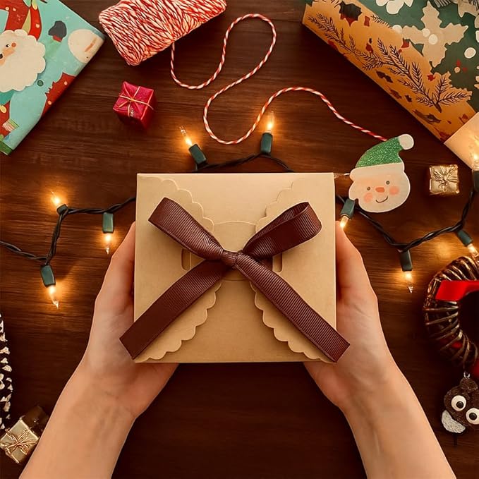 Brown Gift Boxes with Ribbon – 4x4x4" Foldable Paper Boxes with Lids, Set of 10, Eco-Friendly Small Kraft Present Boxes for Weddings, Holidays, Birthdays, Business Packaging