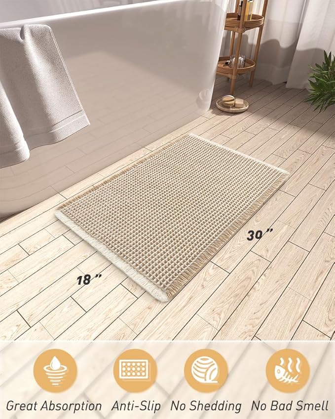 AMOAMI Upgraded Waffle Bath Mat, Super Absorbent Non Slip Bath Mats for Bathroom Floor, Machine Washable Bathroom Rugs with Tassels, Rubber Backed Bathroom Mats, Ultra Soft, 18" x 30",Brown & Cream