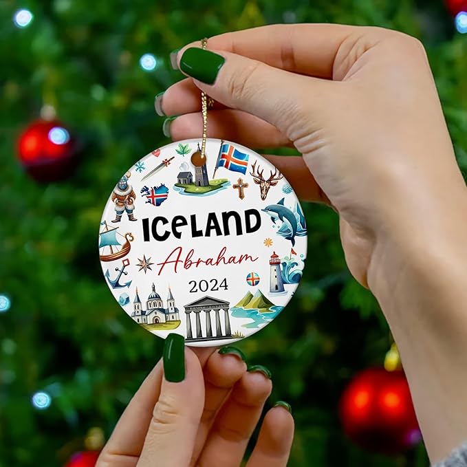 Custom Name Iceland Landmarks Ceramic Ornament, Personalized Souvenir Christmas Tree Keepsake Decor