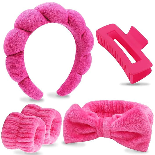 VELSCRUN Spa Headbands for Wash Face, Makeup Headband, Facial Skincare Headbands, 5 Pcs Hot Pink Puffy Sponge Spa Headband Bow Tie Hair Band Hair Clips Wristband Set Women Girls Accessories