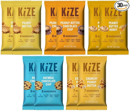 KiZE Energy Bars - Peanut Butter Lovers Variety Pack - 30-Count - Gluten Free, Dairy Free Options, Non-GMO, and High Protein Meal Replacement Energy Bars, Clean and Simple Food Ingredients - 7-10g High Protein Snacks (30 Count)