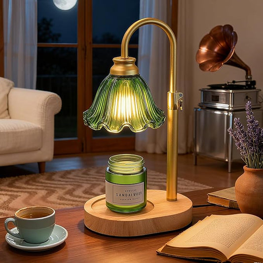 Candle Warmer Lamp with Adjustable Height - Flameless 4-Level Dimmable Wax Warmer with Colorful Glass Shade & Wooden Base, Timer Function & Stylish Design in Multiple Colors (Green)
