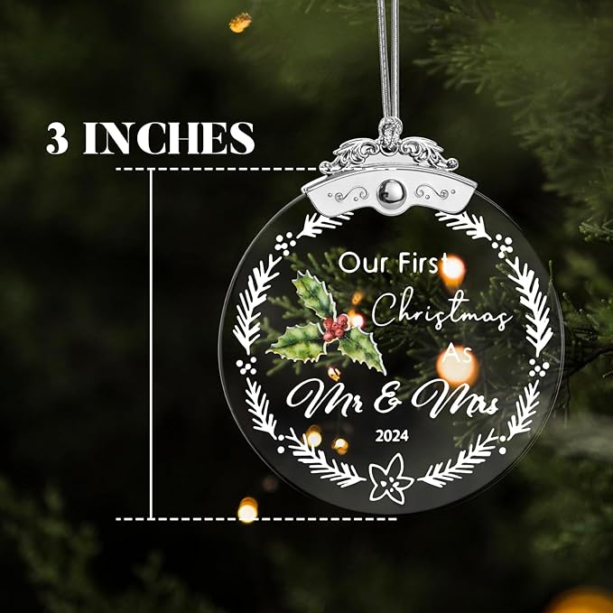 Christmas Tree Ornaments 3 Inch Clear Glass Blanks Round Print Ornament Christmas Hanging Decorative with Silver Ribbon (Mr & Mrs (2024))