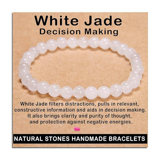 AD Beads Handmade Gemstone Stretch Elastic Bracelet Crystal Healing Reiki Nature's Beauty and Spiritual Essence Unisex (6mm, White Jade (Decision Making))